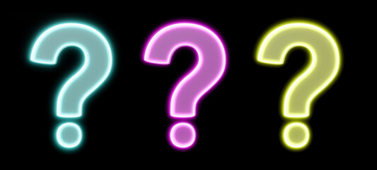 Blue-green, magenta and yellow neon-like luminous question marks on black background