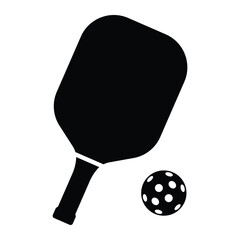 Pickleball paddle with ball flat vector icon. Perfect for sports apps and websites. Black silhouette. Simple design illustration.