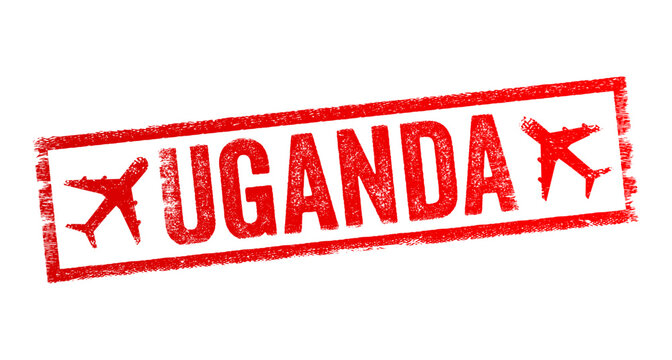 Uganda - is a landlocked country in East Africa, text emblem stamp with airplane