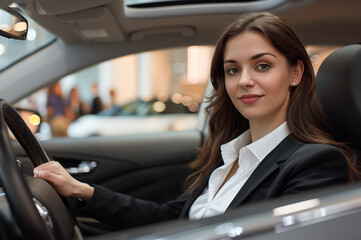 Businesswoman sits behind the wheel of her own car. Female in vehicle.