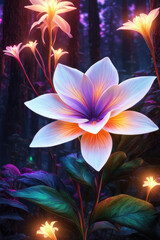 Obraz premium Generative AI beautiful fantasy flower plant with glowing light, luminous and realistic flowers. Each petal emits a mesmerizing, enchanting flower atmosphere magical floral, Gorgeous mystical Floral 