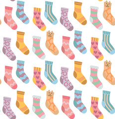 Seamless pattern with socks with different prints. Vector colorful background in flat style	