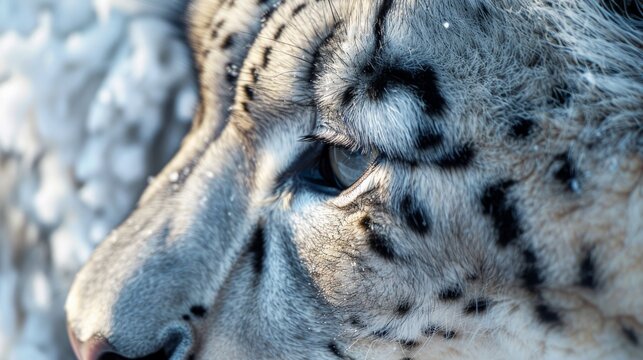 A beautiful snow leopardess with blue eyes stares at the camera. Her fur is thick and white with black spots.