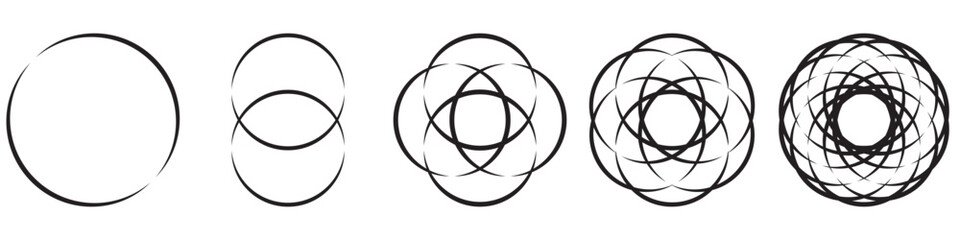 Simple overlapping circles vector drawing, version with three to seven objects, also interlocked rounds style. Vector illustration. Isolated on white background.