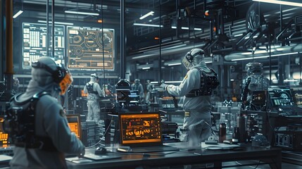 Naklejka premium Diligent Workforce Overseeing Cutting Edge Automation in Futuristic Smart Factory