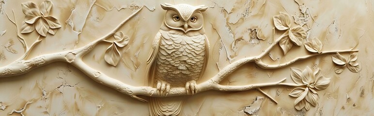 Beautiful owl 3d relief wallpaper. Mural wallpaper. Wall art. AI generated illustration.