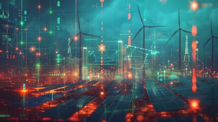 Renewable energy financial growth with solar panels and wind turbines alongside financial graphs