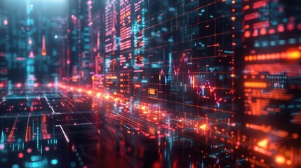 Fototapeta premium Bitcoin market analysis displayed on a holographic screen with blockchain technology graphics