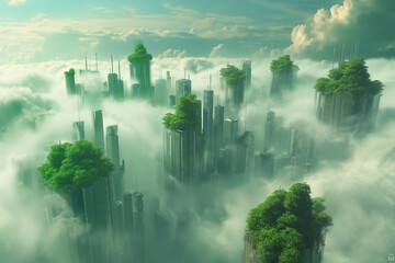 An otherworldly cityscape suspended in the clouds, with gravity-defying architecture and bioluminescent flora,3D illustration, Generative AI