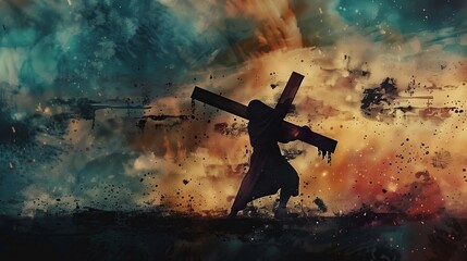 watercolor abstract illustration of Jesus Christ carrying the crucifixion cross on Calvary hill