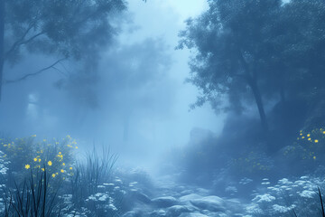 Enchanted forest shrouded in mist, inhabited by mythical creatures and ancient spirits,3D illustration, Generative AI
