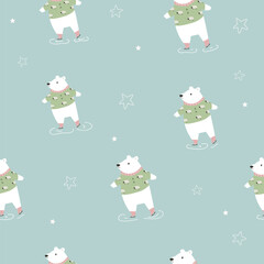 Adorable Christmas seamless pattern with festive polar bears skating on ice