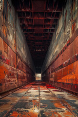 Fototapeta premium industrial site, empty dry dock, red grunge floor, orange and brown, rusted, abandoned, ground level, portrait format, photorealistic // ai-generated 