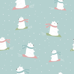 Adorable Christmas seamless pattern with festive polar bears sledding and having fun
