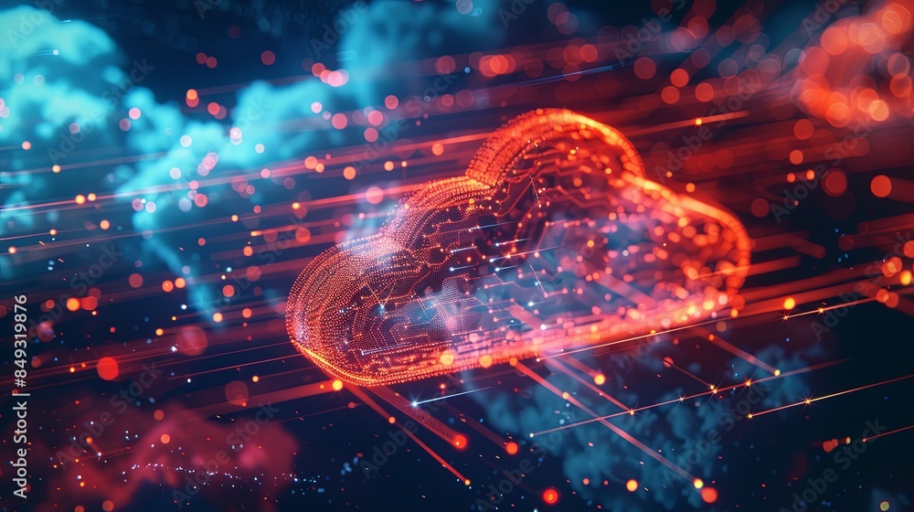 Aufkleber An abstract visualization of cloud computing showcasing digital elements representing data processing and AI operations in the cloud. Generative AI