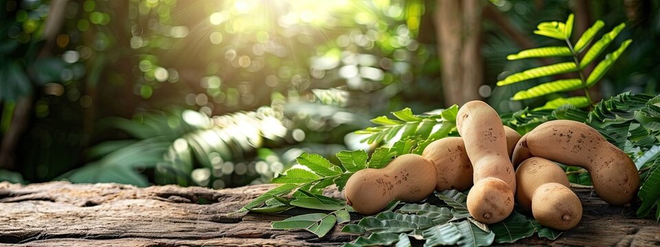 tamarind fruits on a wooden table. Selective focus