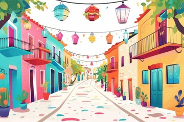 A peaceful street adorned with vibrant decorations for the joyous DzieÅ„ BoÅ¼ego CiaÅ‚a celebration, captured against a pristine white backdrop.