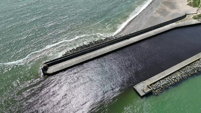 Arklow harbour and avoca river in ireland overhead drone shot