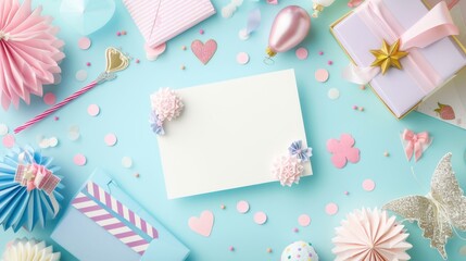 Pastel-colored party or celebration setup with various decorative items. The background is a light blue surface