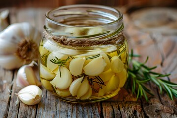 Pickled garlic with herbs on a wooden table.