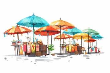 A vivid row of multicolored umbrellas casts a cool shade over a captivating collection of one-of-a-kind handmade crafts, creating an enticing invitation for passersby to explore and discover.
