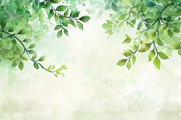 Fresh spring background with green watercolor leaves