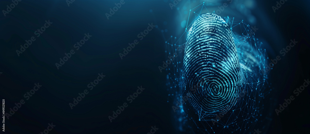 Poster a digital fingerprint in blue tones, embedded in a matrix-like pattern on a dark background, emphasi