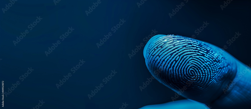 Poster a digital fingerprint in blue tones, embedded in a matrix-like pattern on a dark background, emphasi