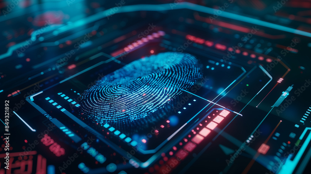 Poster a digital fingerprint displayed on a high-tech interface screen, representing advanced security and 