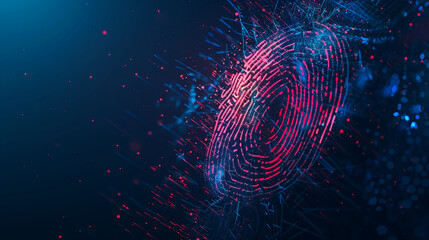 A digital fingerprint with striking red and blue highlights, set against a dark background, conveying a sense of high-tech security