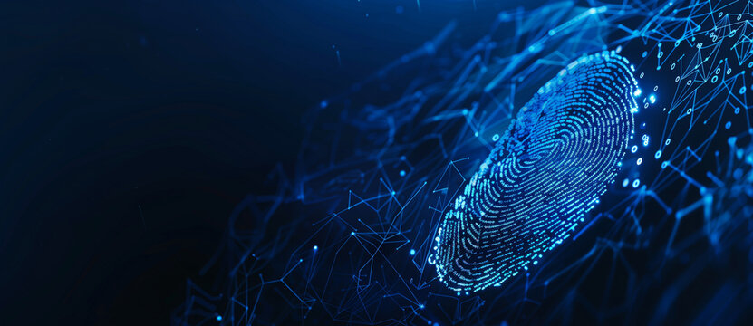 A digital fingerprint with interconnected nodes, representing the complexity and connectivity of digital security systems.