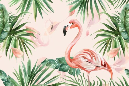 A vibrant seamless pattern featuring elegant palm leaves and a watercolor flamingo in a harmonious blend of green and pink.