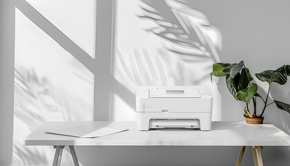 Modern printer with paper on table near white wall, space for text