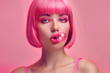 beautiful woman with pink bob hair, blowing bubble gum in the style of pink background