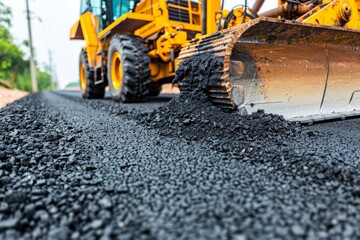 laying fresh asphalt on a new road with construction machinery