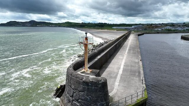 Arklow harbour and avoca river in ireland overhead drone shot