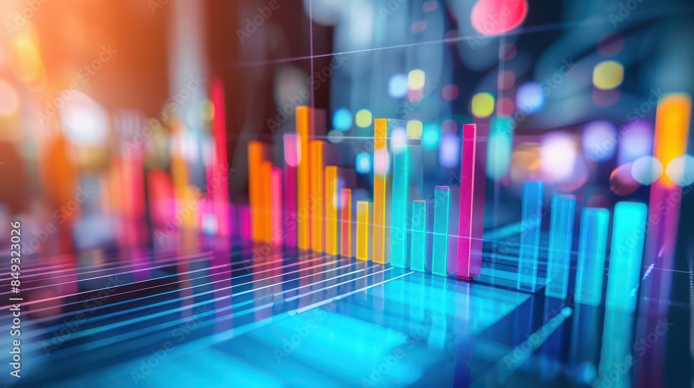 Poster this is a conceptual image of a colorful abstract financial chart hologram against a blurred modern 