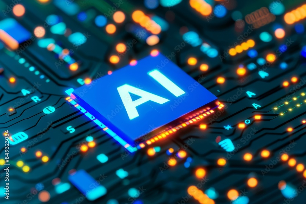 Poster ai processor on blue circuit board, advanced technology in artificial intelligence, high tech digita