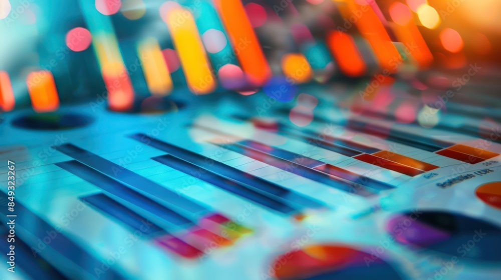 Poster a close-up shot of vibrant financial charts and graphs with a blurred background showcasing colorful