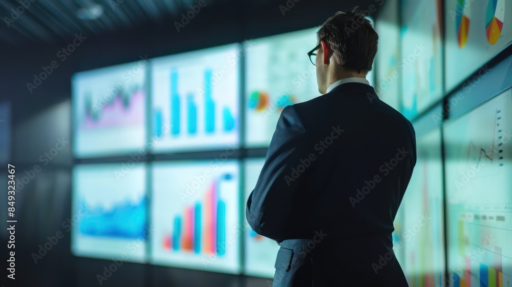 Poster a male professional in a suit stands in front of a large display with various graphs and charts, ana