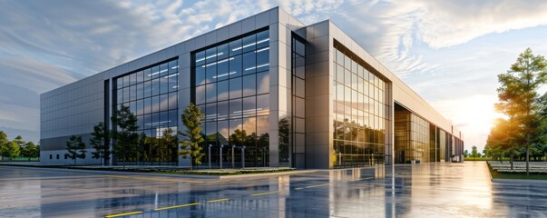 Obraz premium Modern industrial company building. Logistics warehouse concept banner, Generative AI.