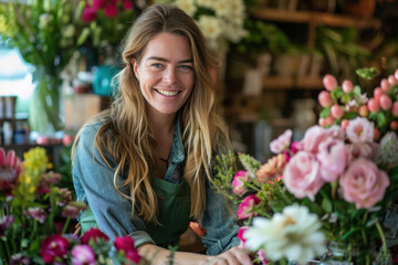 Promotional Photo: Joyful Female Florist, Professional Environment, Diverse Workforce, Corporate Photography, Team Collaboration, Engaged Employees, Authentic Work Settings.