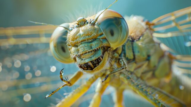 A close-up of a dragonfly's head.