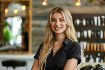 Vibrant Portrait of a Stylish Hairdresser, Professional Environment, Diverse Workforce, Corporate Photography, Team Collaboration, Engaged Employees, Authentic Work Settings.