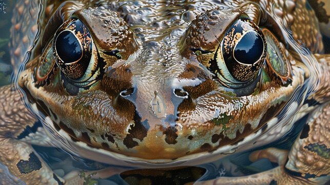 A close-up of a frog's face with water droplets on its skin.
