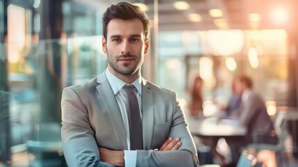 Fototapeta premium A professional and confident young businessman stands with crossed arms in a modern office environment, with colleagues in the background