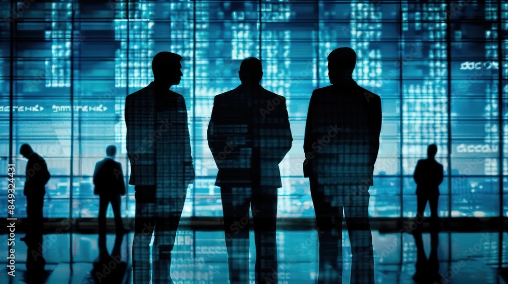 Poster silhouettes of three business professionals standing in front of a digital display with data and gra