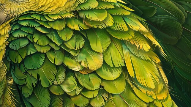 A close-up of a parrot's feathers. The feathers are a bright green color with yellow tips.