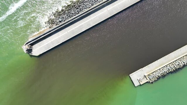 Arklow harbour and avoca river in ireland overhead drone shot