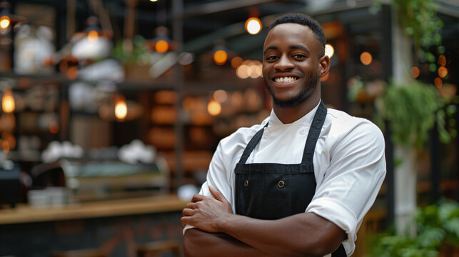 African-american chef with crossed arms posing in a modern restaurant